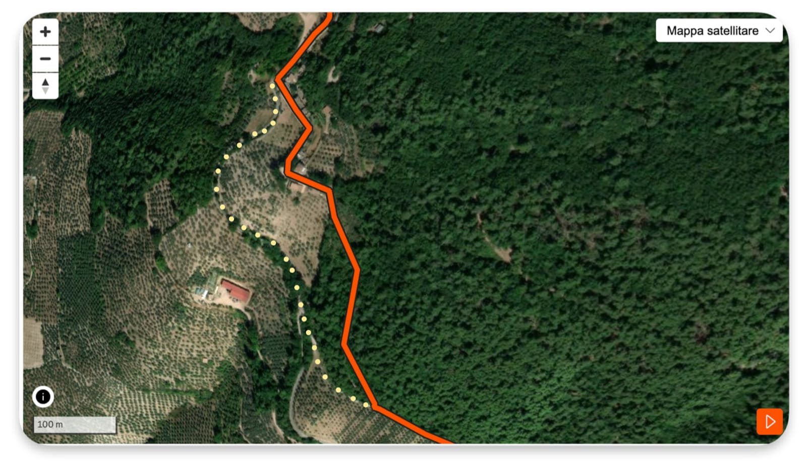 Mappa satellitare del km 14 con il tracciato di gara e la deviazione delle prove